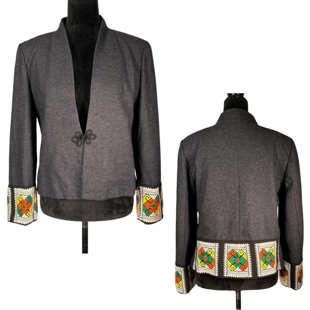 Pendleton Gray Wool Blazer Jacket Asian Custom Aztec Western Tribal Patchwork
